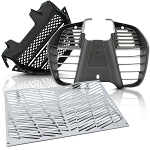 Radiator protection grilles and covers in plastic and metal to protect radiators on motorcycles.